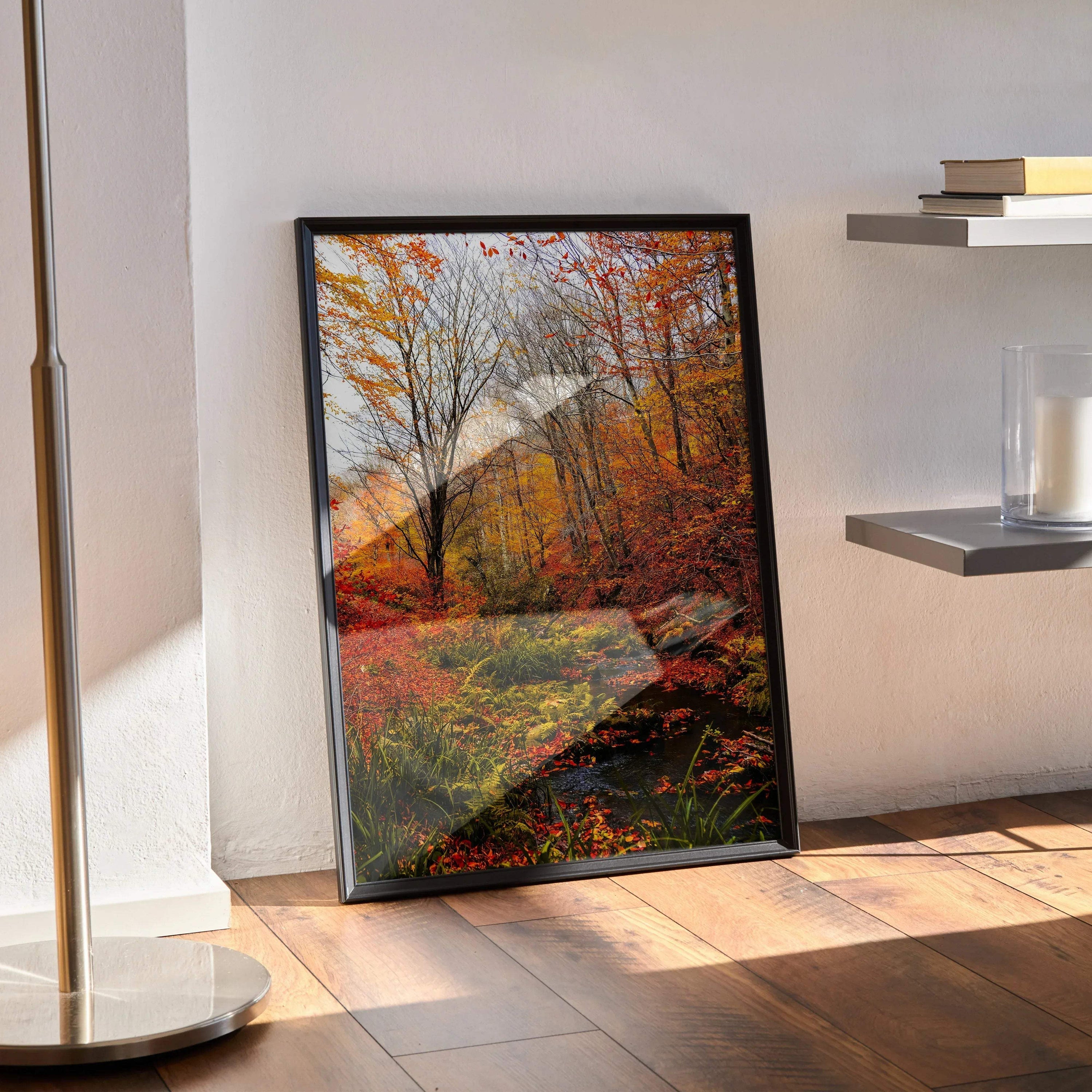 Vibrant autumn forest nature poster with colorful fall foliage wall art in black frame.