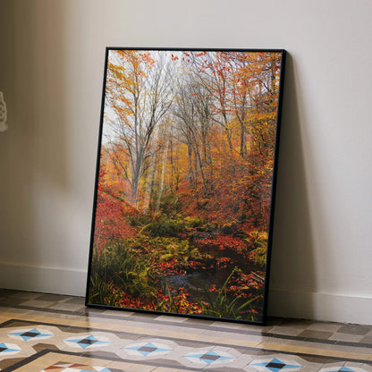 Vibrant autumn forest with colorful orange and red leaves poster wall art in black frame.