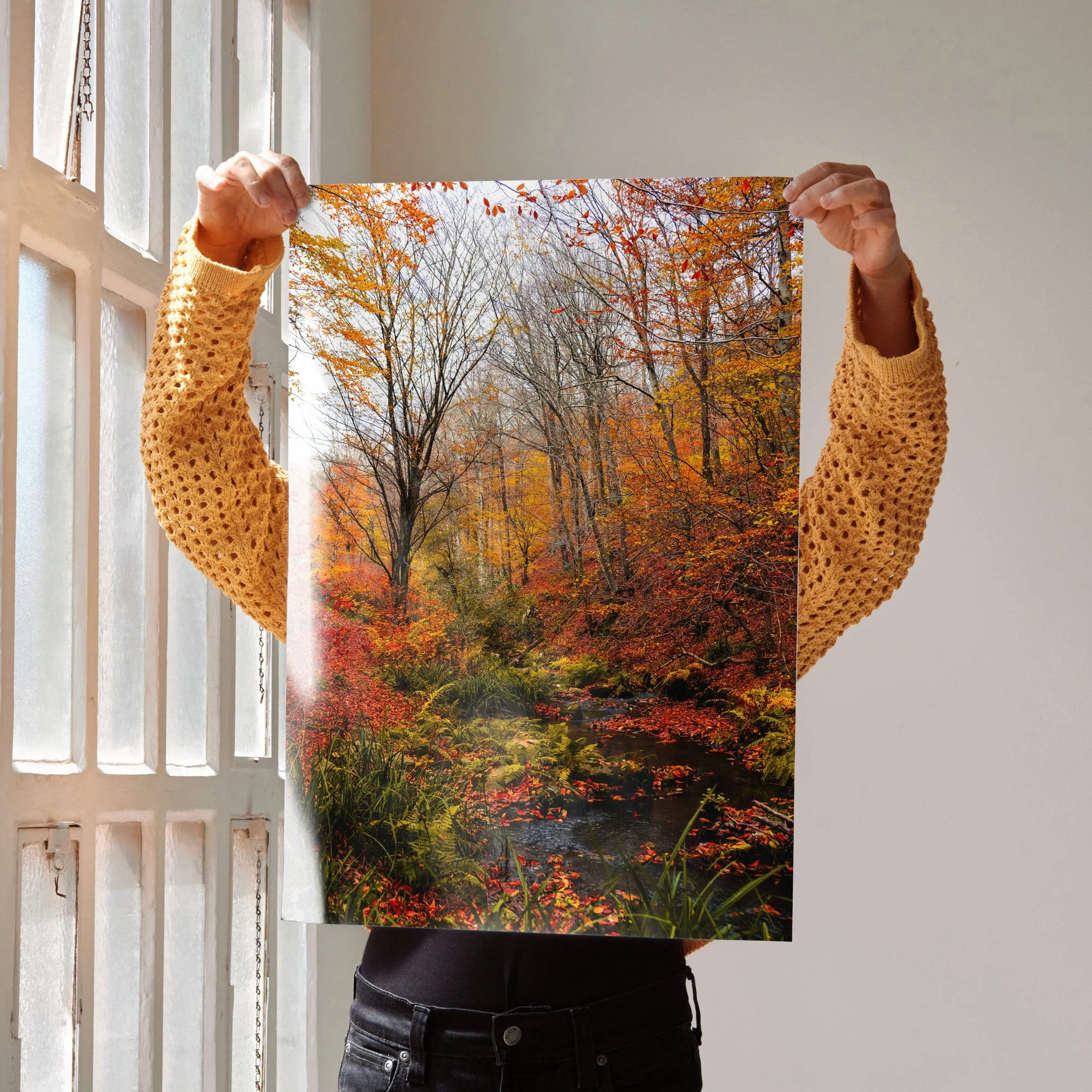 Vibrant autumn forest nature poster with colorful fall foliage and calm stream wall art.