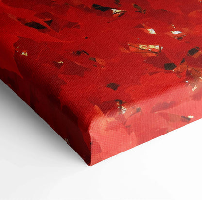 Canvas wall art featuring vibrant red autumn leaves with gold accents on textured surface.