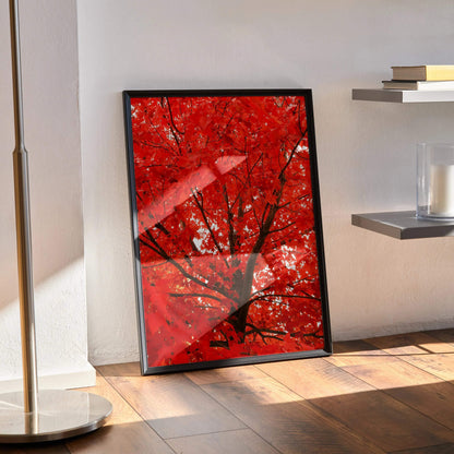 Stunning autumn forest wall art poster with vibrant red leaves in black frame, vertical orientation.
