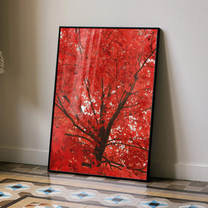 Vertical wall art poster featuring vibrant red autumn forest leaves on black tree branches.