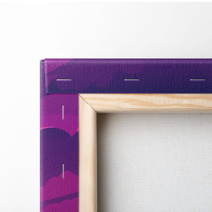 Purple cloud-patterned canvas wrapped around a light wood frame vaporwave tropical cityscape wall art print