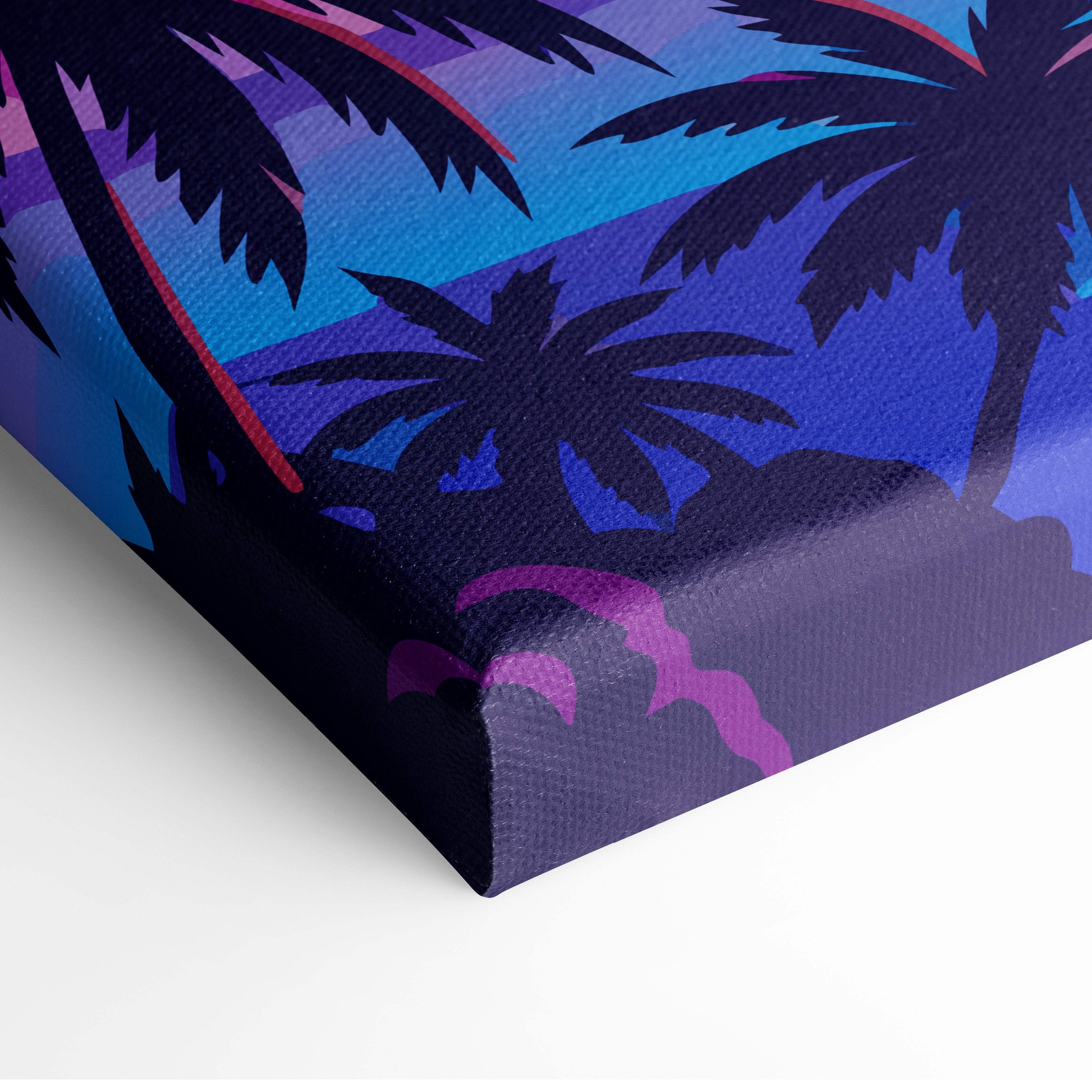 Vaporwave tropical cityscape canvas art print with black palm silhouettes against a neon sunset gradient sky