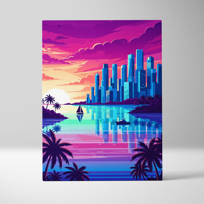 Vaporwave tropical cityscape canvas art print featuring a neon sunset skyline reflected in turquoise water with palm trees