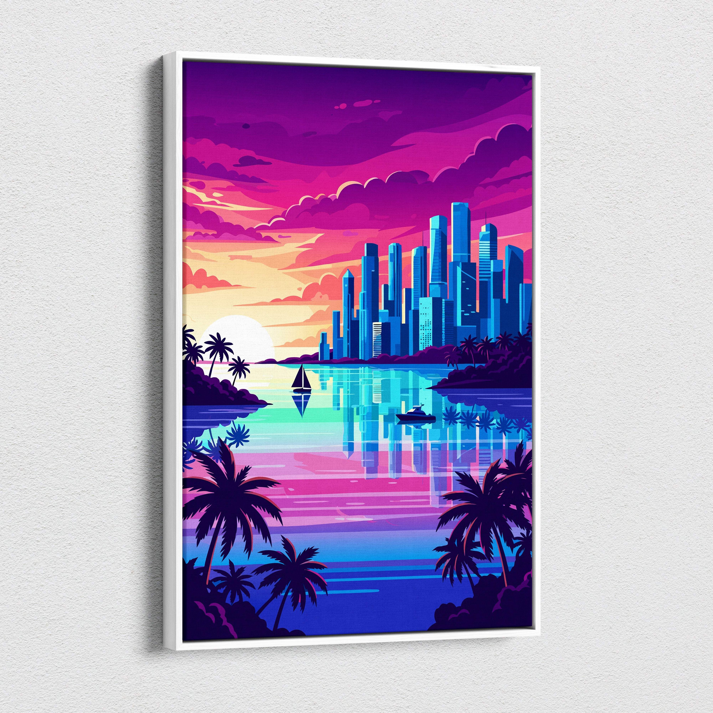 Vaporwave tropical cityscape canvas art print with vibrant neon blue skyscrapers reflected in turquoise water and a white frame