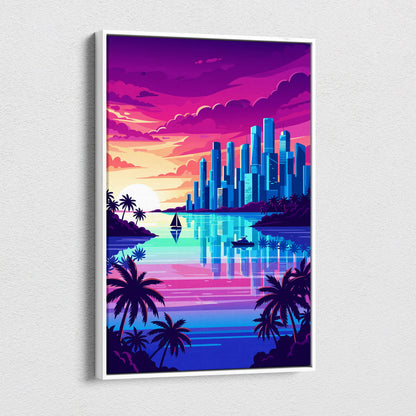 Vaporwave tropical cityscape canvas art print with vibrant neon blue skyscrapers reflected in turquoise water and a white frame