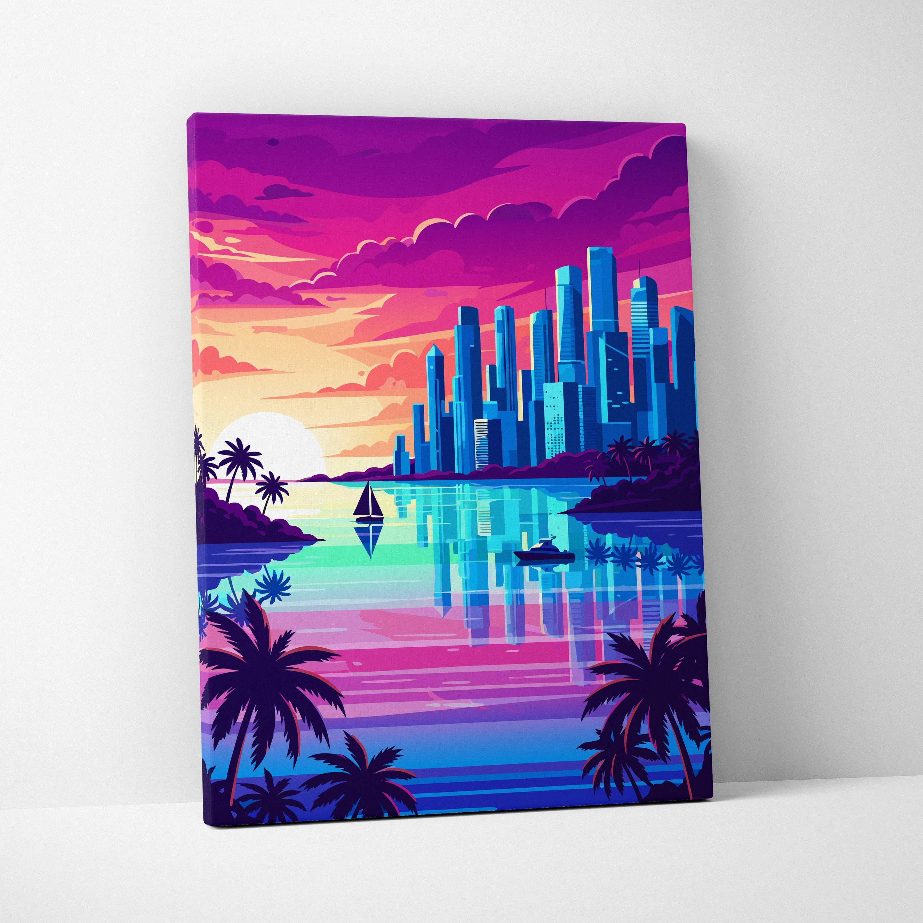 Vaporwave tropical cityscape canvas art print featuring neon sunset skyline reflected in turquoise water with palm trees