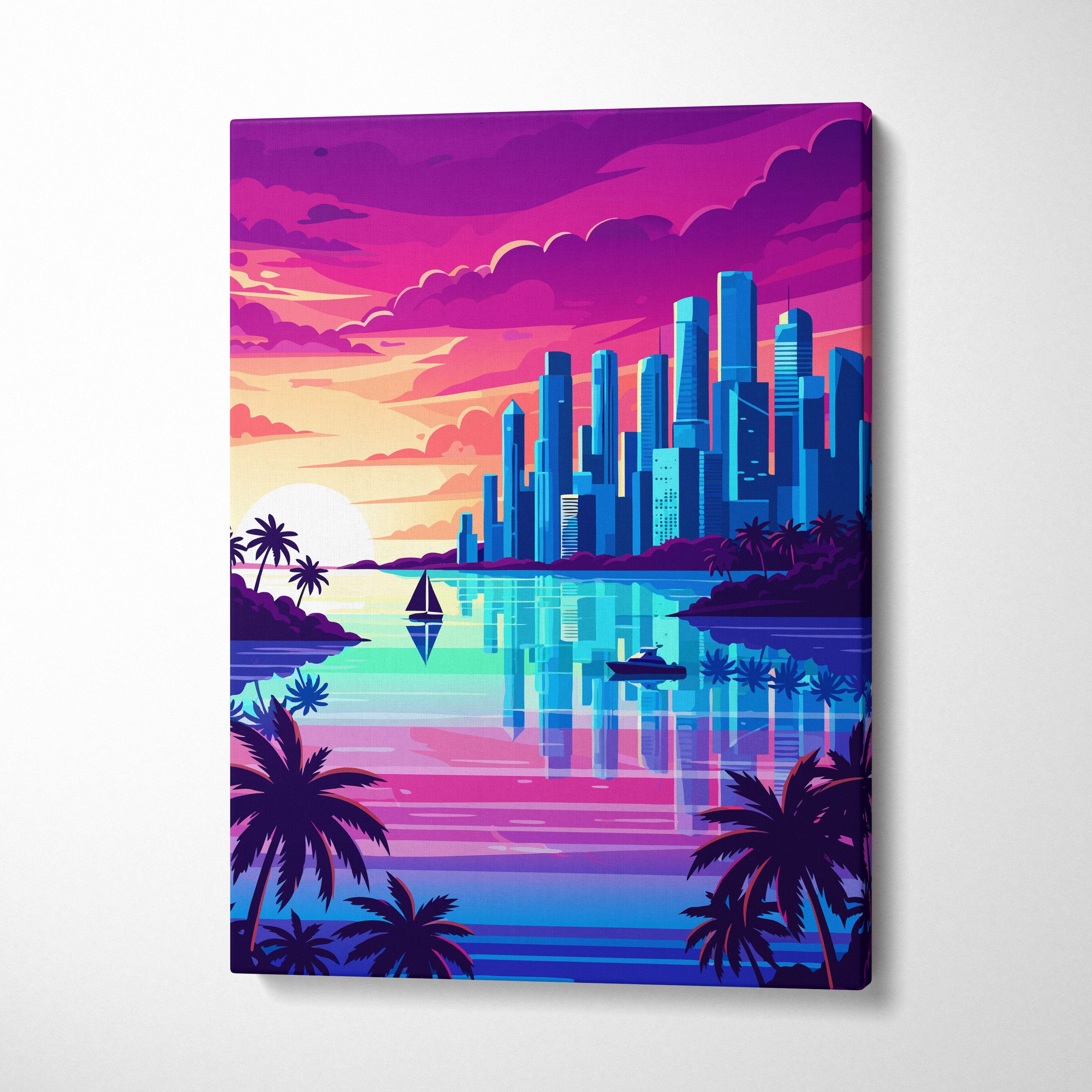 Vaporwave tropical cityscape canvas art print featuring a neon sunset skyline reflected in turquoise water with palm trees