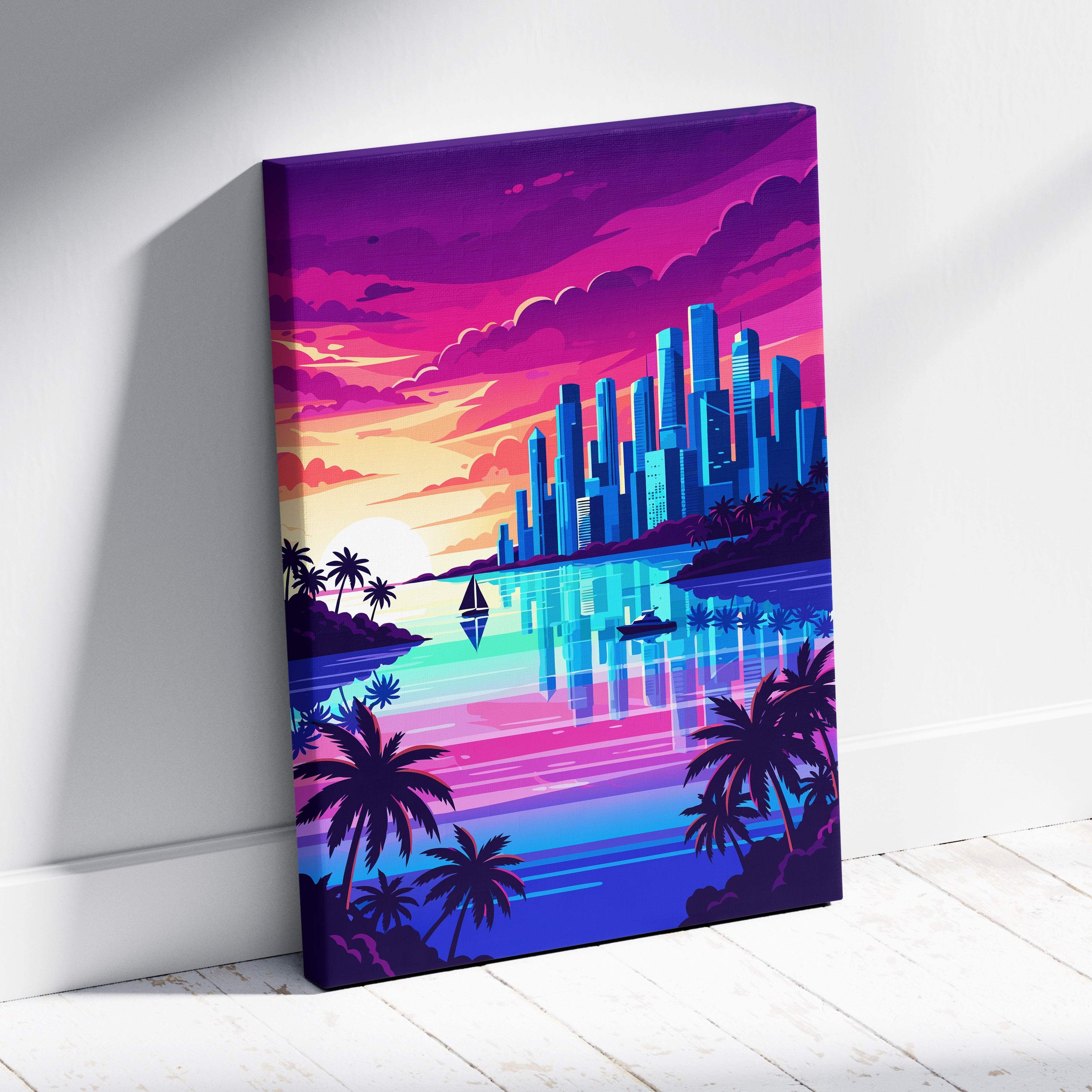 Vaporwave tropical cityscape canvas print featuring vibrant neon skyline reflected in turquoise water with palm trees