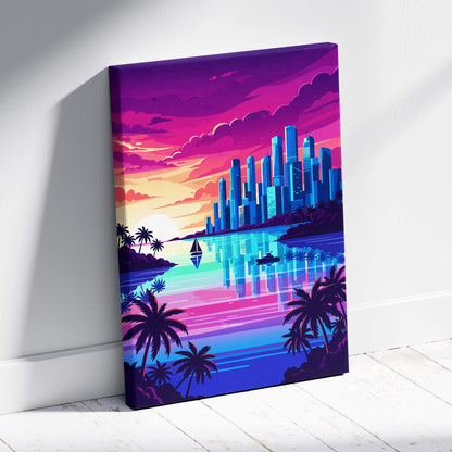 Vaporwave tropical cityscape canvas print featuring vibrant neon skyline reflected in turquoise water with palm trees