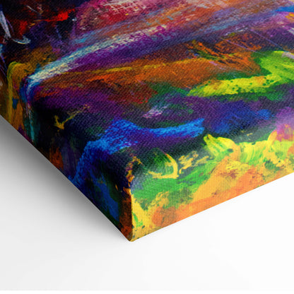Romantic couple silhouette canvas print with vibrant abstract sunset in bold purple blue green and orange on textured fabric