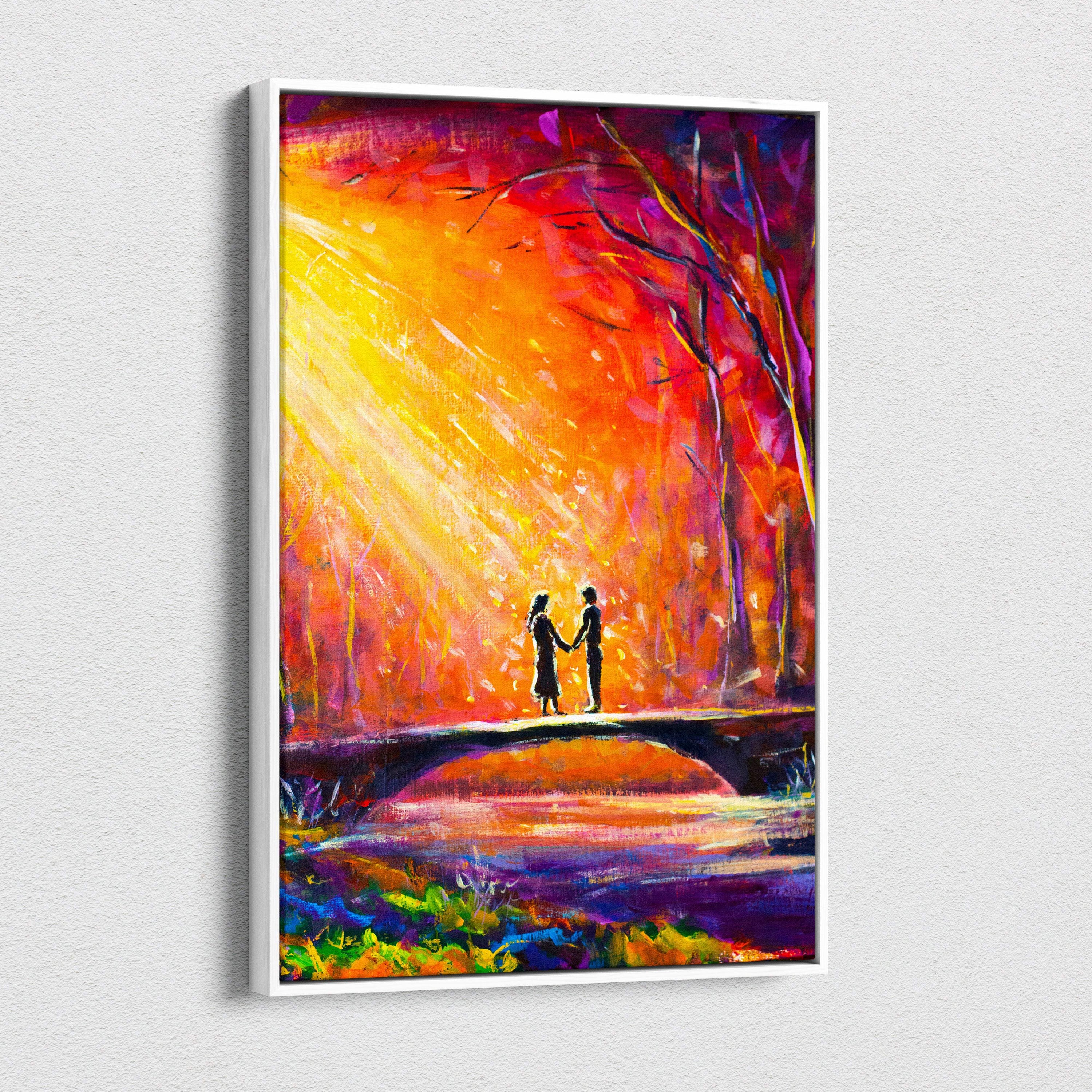 Vibrant abstract oil painting canvas print of two silhouetted figures holding hands on a bridge at sunset in red orange purple tones