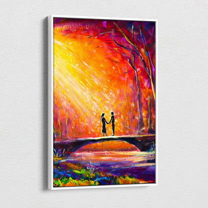 Vibrant abstract oil painting canvas print of two silhouetted figures holding hands on a bridge at sunset in red orange purple tones