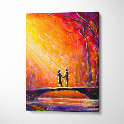 Romantic couple silhouette canvas print with vibrant abstract sunset in bold red orange and purple oil painting tones