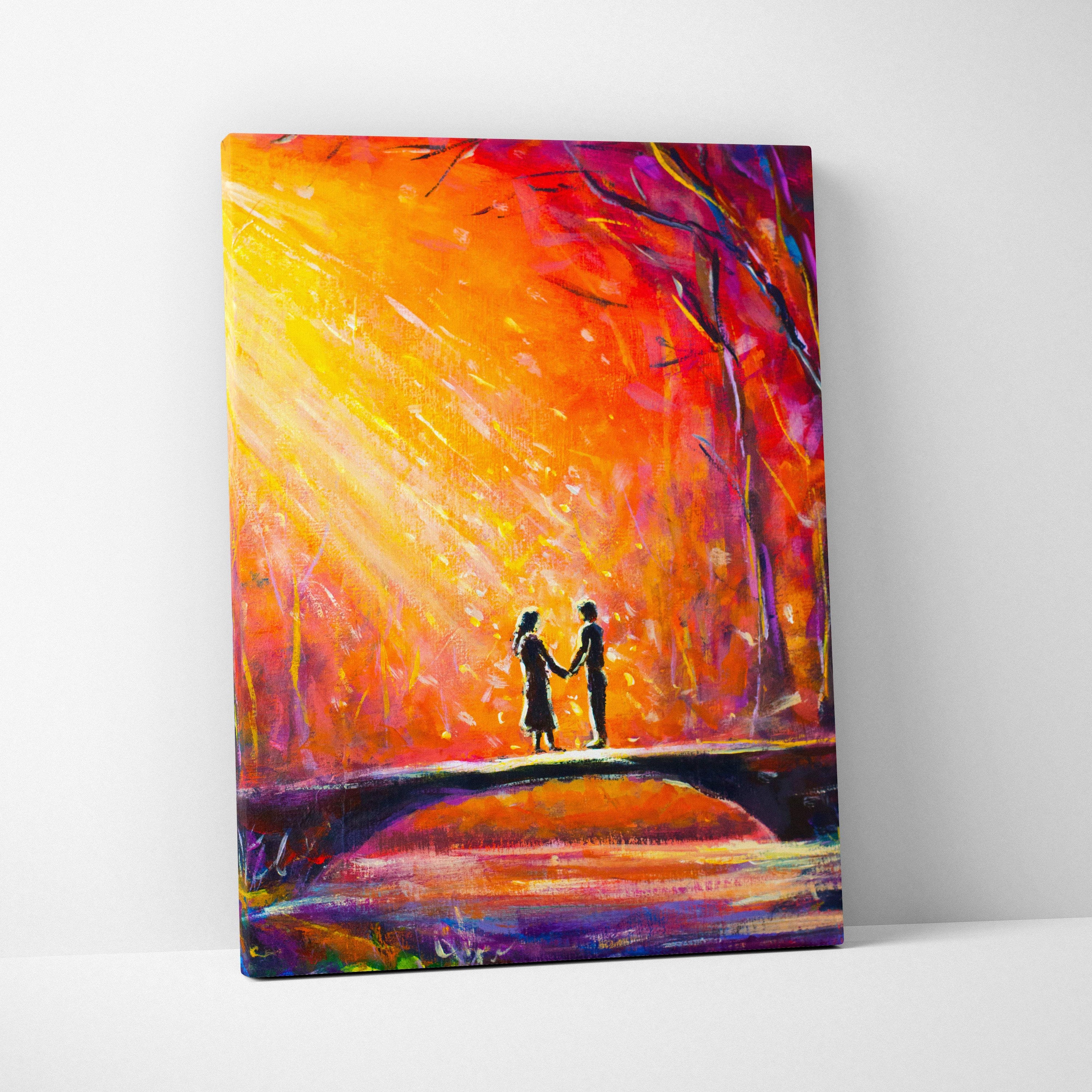 Romantic couple silhouette canvas print with vibrant red orange purple abstract sunset and golden light rays in oil painting style
