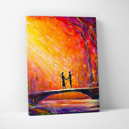 Romantic couple silhouette canvas print with vibrant red orange purple abstract sunset and golden light rays in oil painting style
