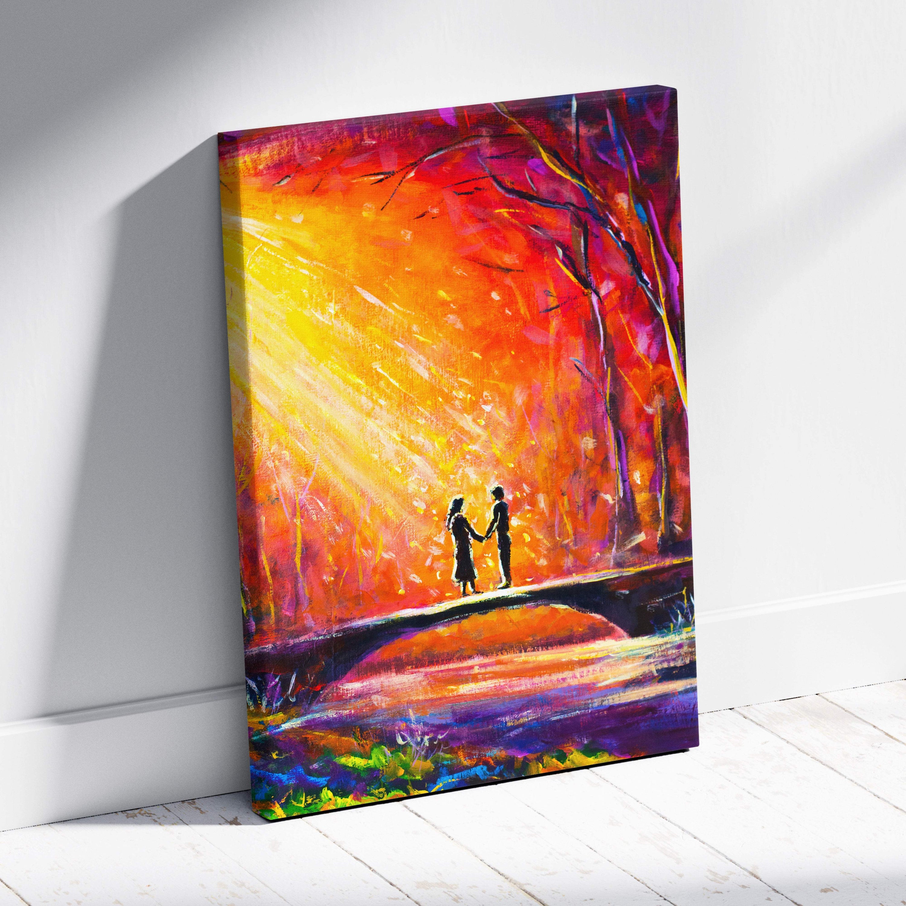 Romantic couple silhouette canvas print featuring vibrant abstract sunset with red orange purple tones in oil painting style