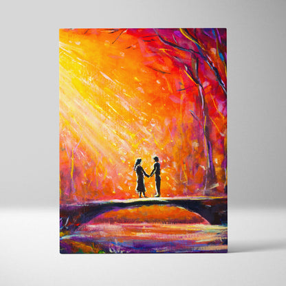 Vibrant abstract canvas print of silhouetted couple holding hands under radiant orange red sky with expressive brushstrokes