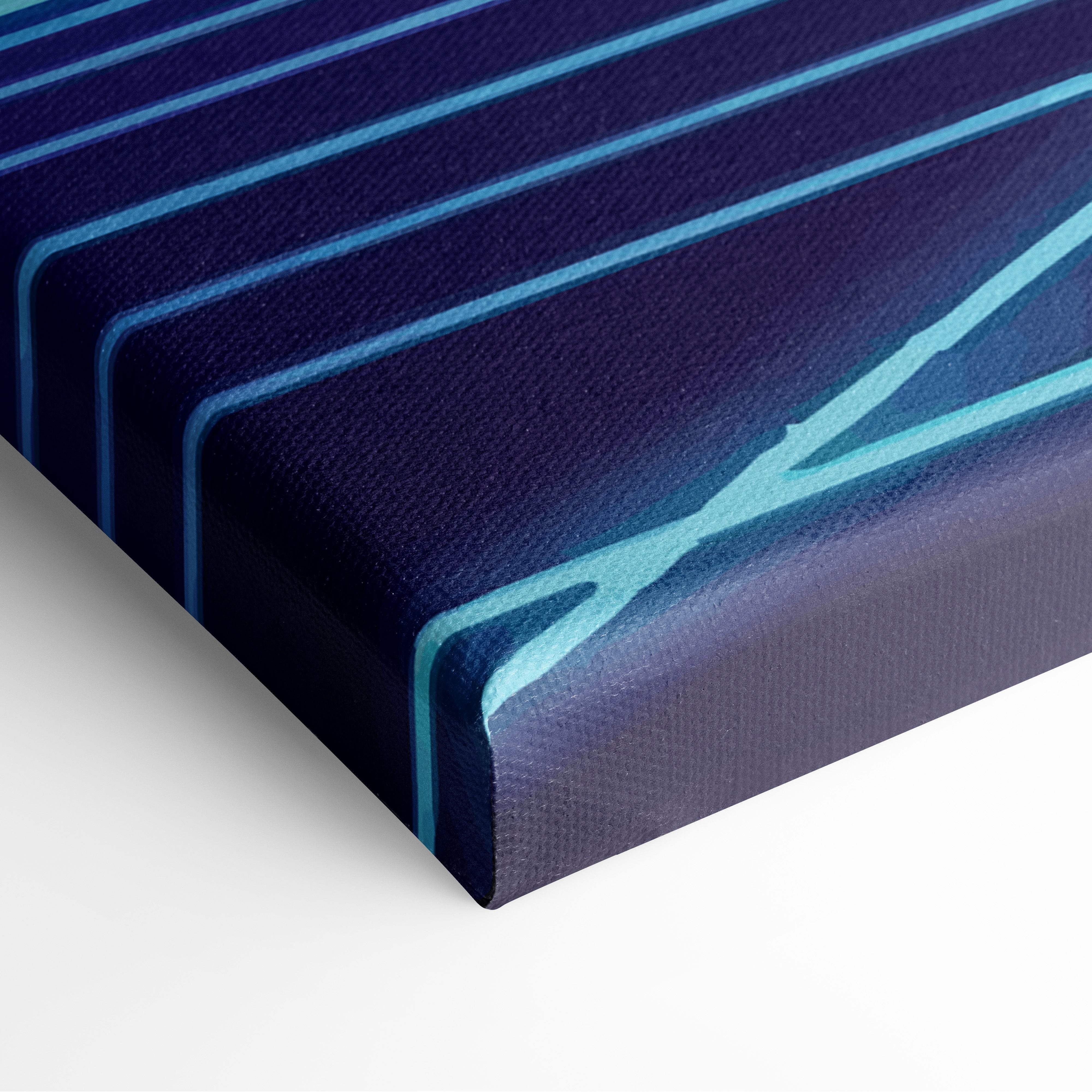 Canvas print with deep navy background and bold light blue diagonal stripes vaporwave city skyline grid wall decor