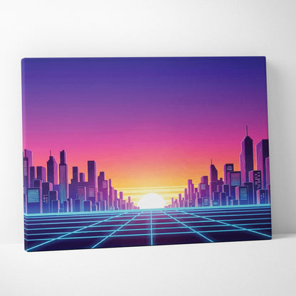 Vaporwave city skyline grid canvas art print with vibrant retro-futuristic purple pink orange gradient sky and blue neon glow
