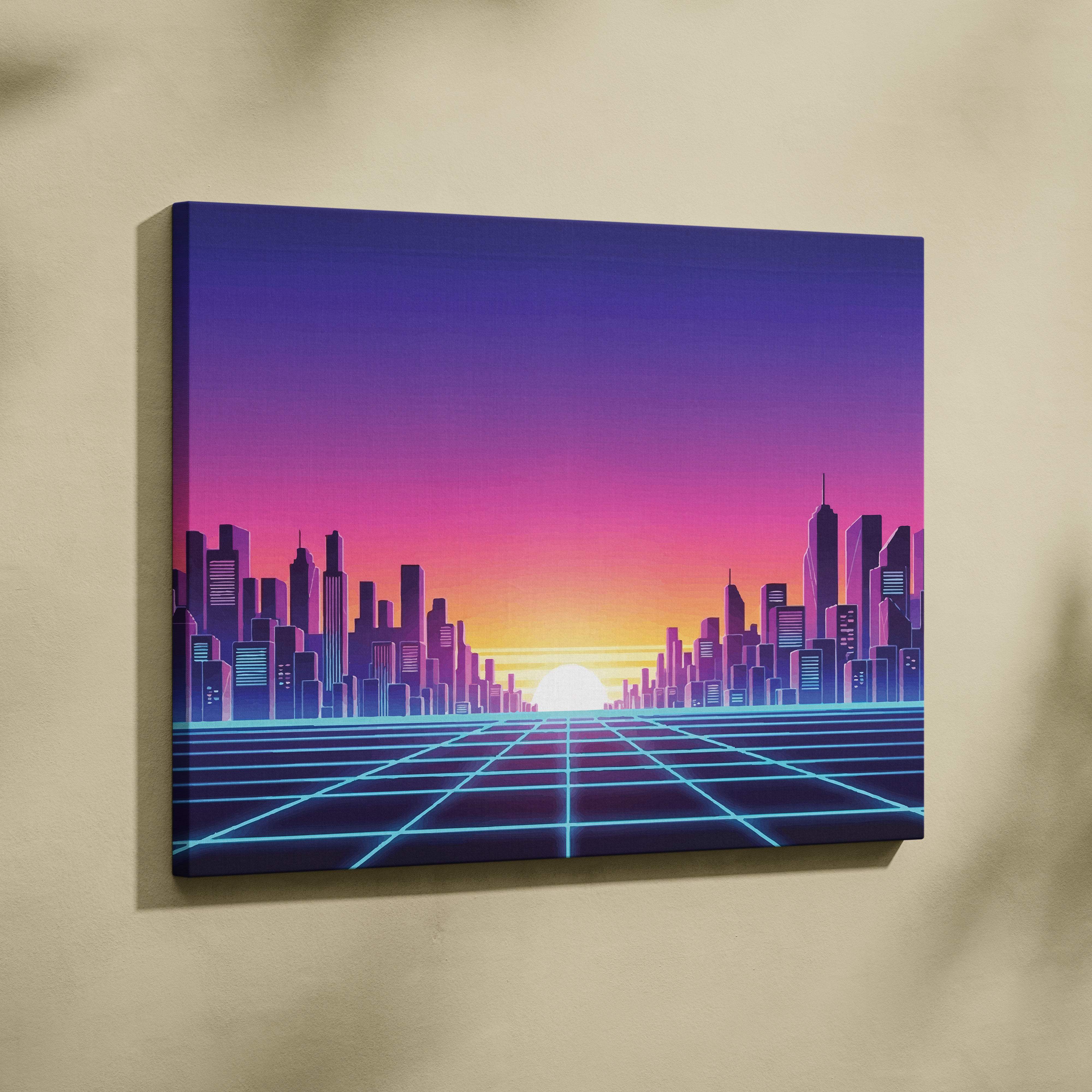 Vaporwave city skyline grid canvas art print with vibrant purple pink orange gradient sky and glowing blue retrowave glow