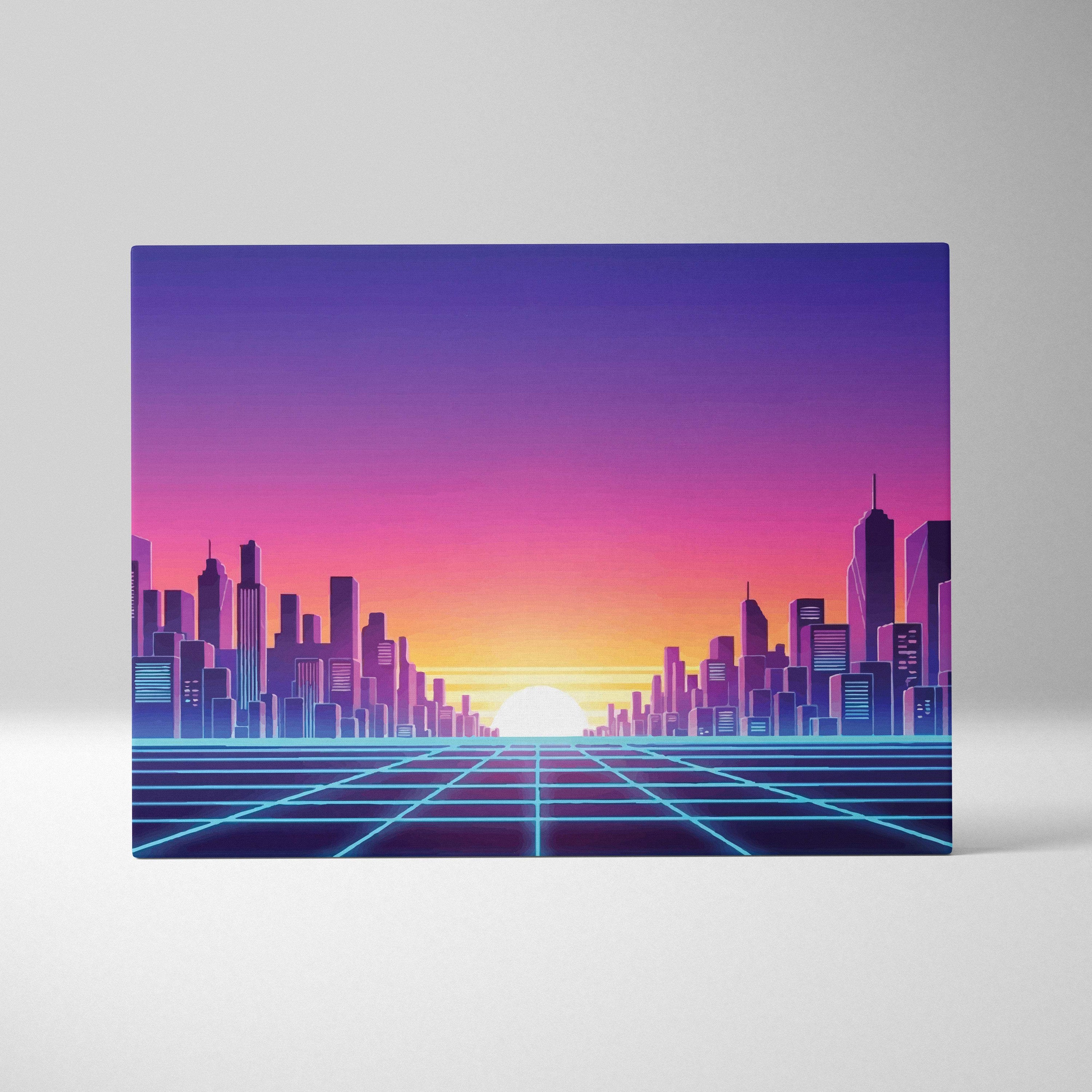 Vaporwave city skyline grid canvas art print with vibrant retro-futuristic colors and glowing blue grid lines on ground