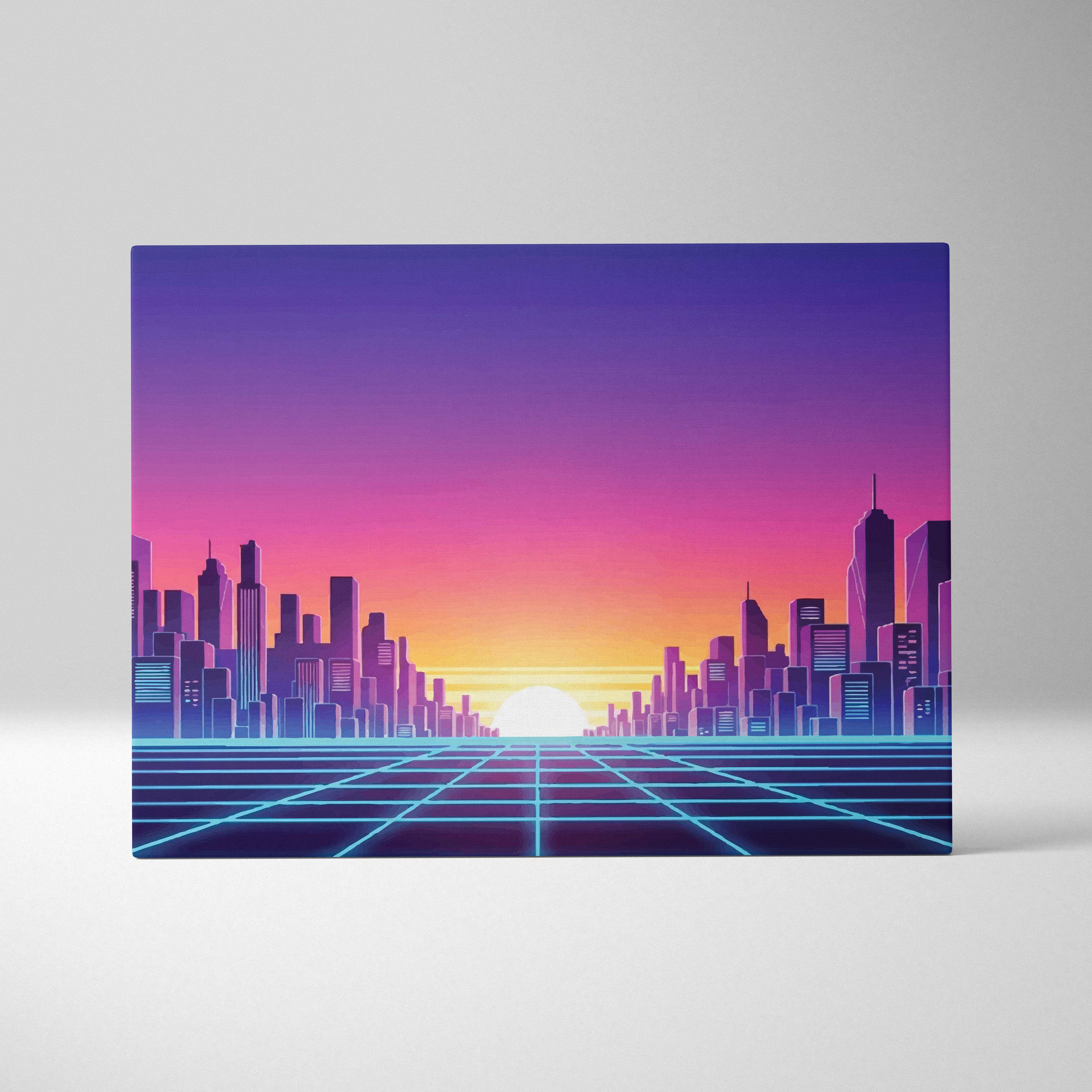 Vaporwave city skyline grid canvas art print with vibrant retro-futuristic colors and glowing blue grid lines on ground