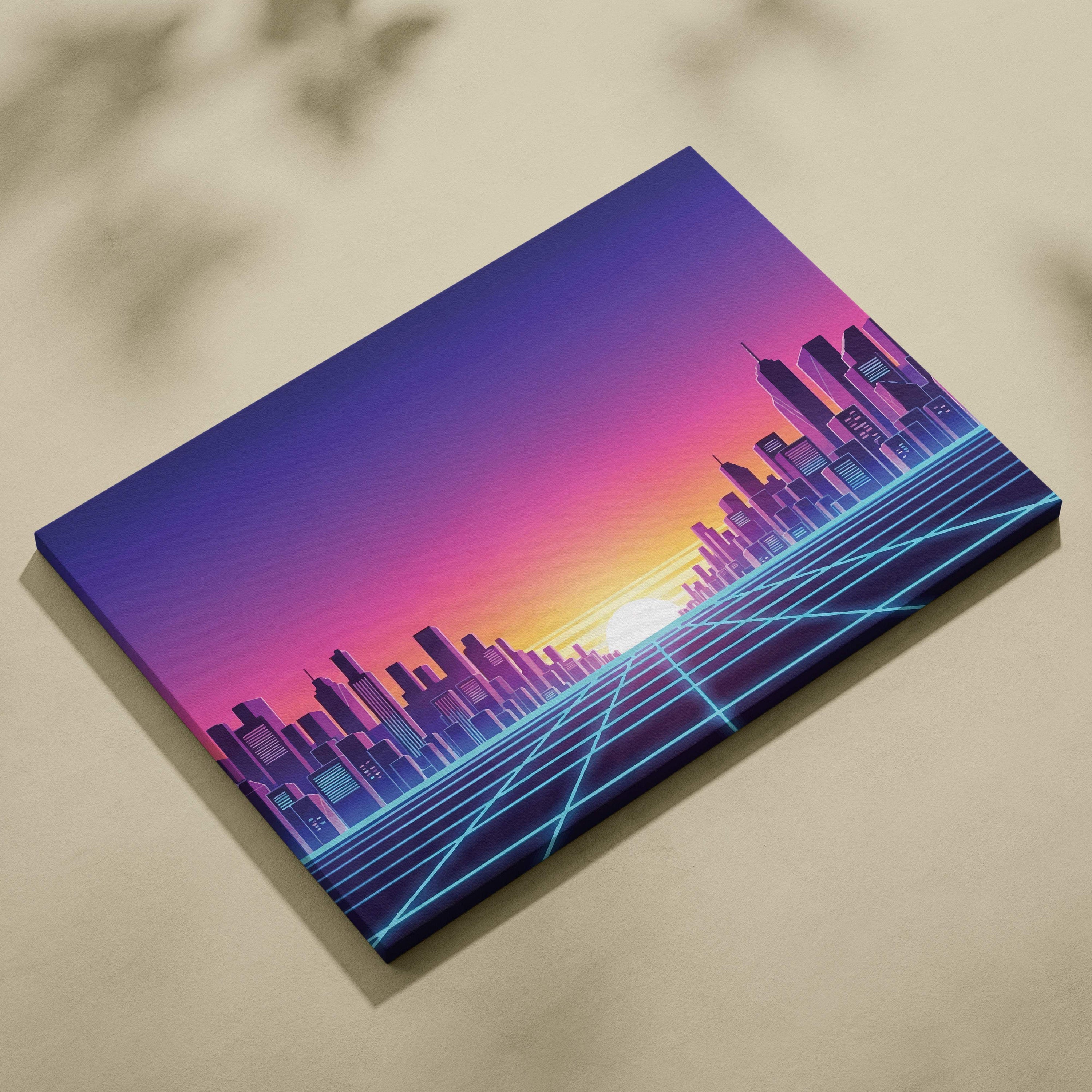 Vaporwave city skyline grid canvas art print featuring neon blue grid lines and a pink purple gradient sky