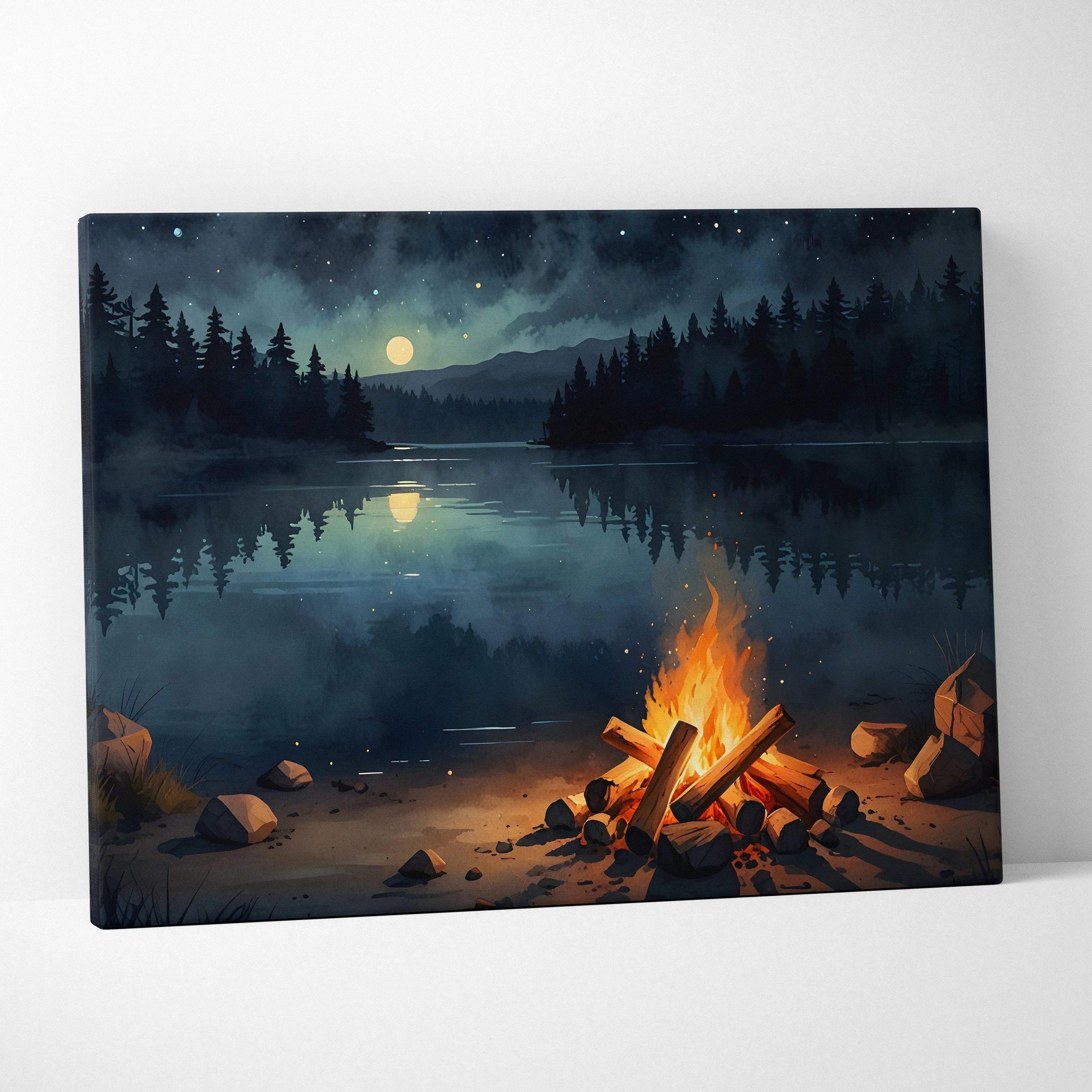 Canvas wall art featuring a watercolor night sky over a lake with a glowing campfire on the shore.