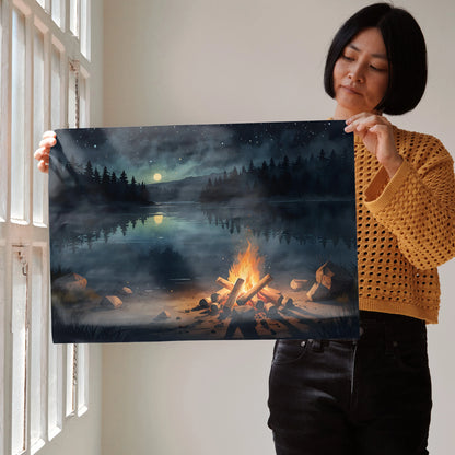 Watercolor starry night sky poster with campfire and reflective lake wall art.