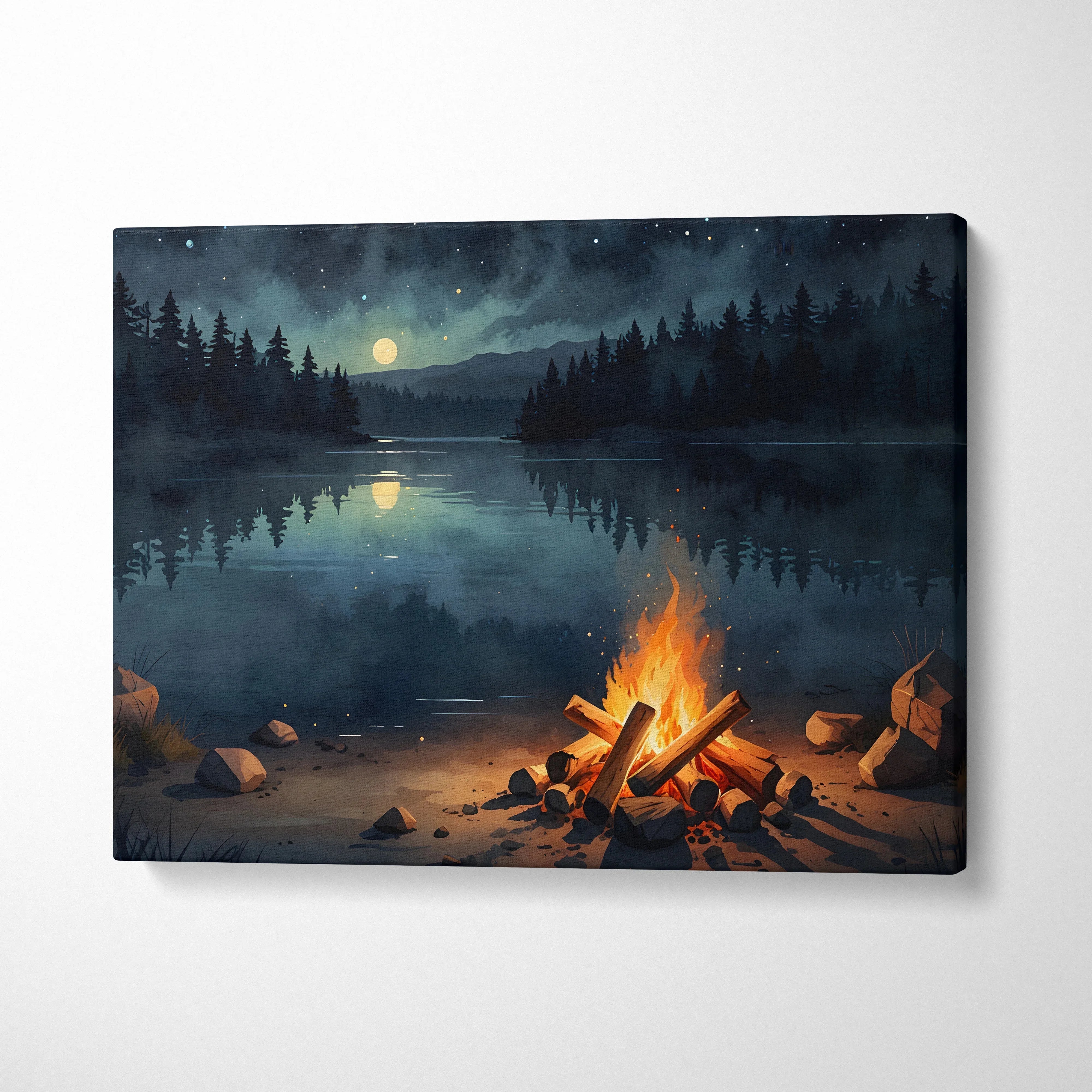 Watercolor canvas wall art of a campfire by a lake under a starry night sky with silhouetted pine trees.
