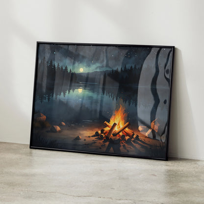 Watercolor poster of a starry night sky over a campfire in a dark forest, wall art print.