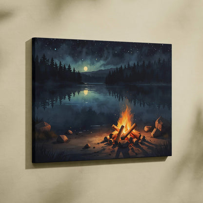 Watercolor night sky canvas wall art with campfire glowing by calm lake and silhouetted trees.