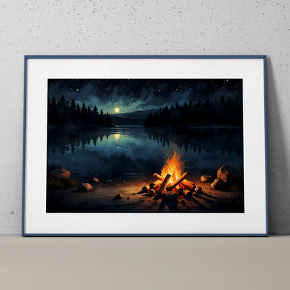 Watercolor poster of a night sky with stars and moon over a lake, glowing campfire in foreground wall art.