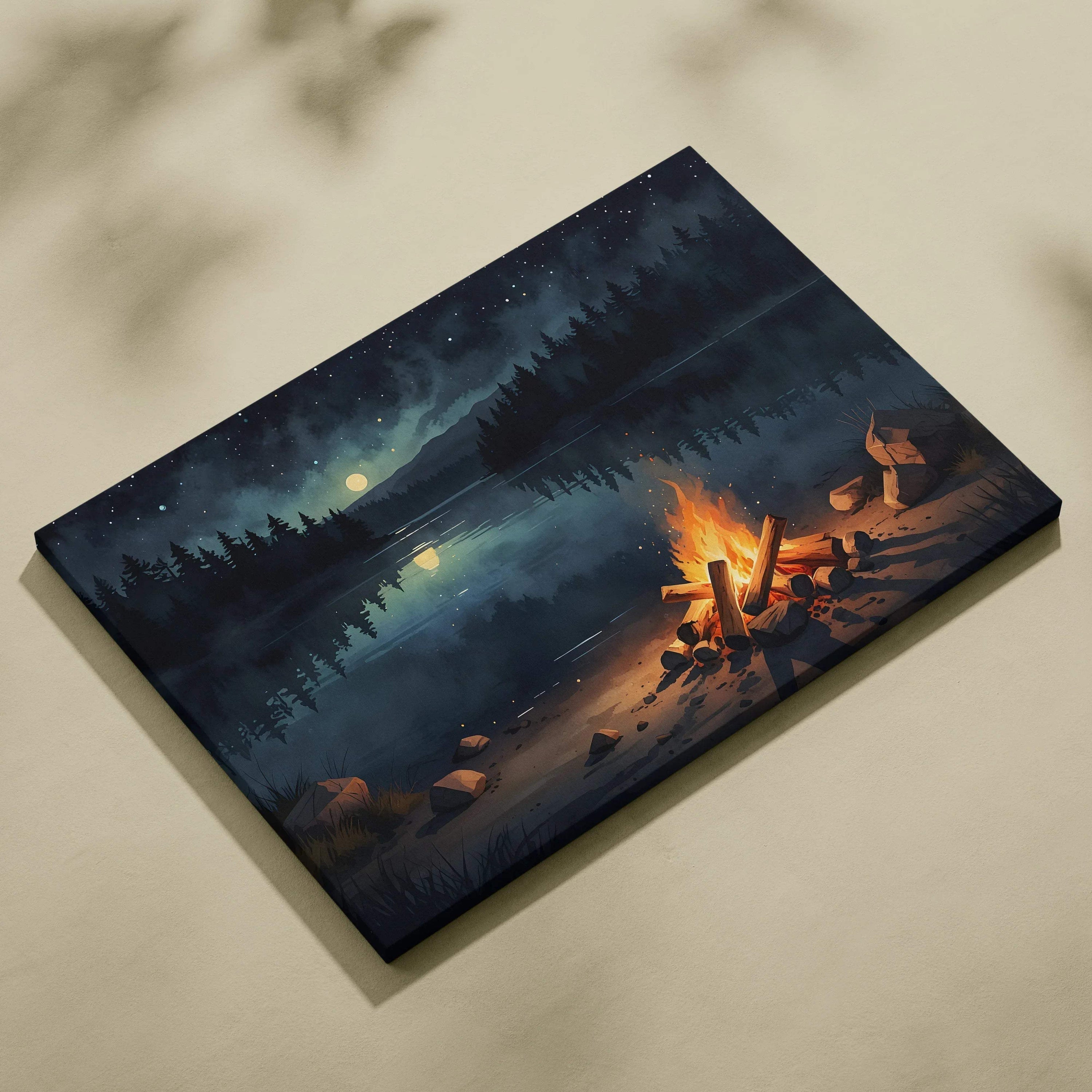 Canvas wall art featuring a watercolor night sky with moonlit forest and glowing campfire scene.