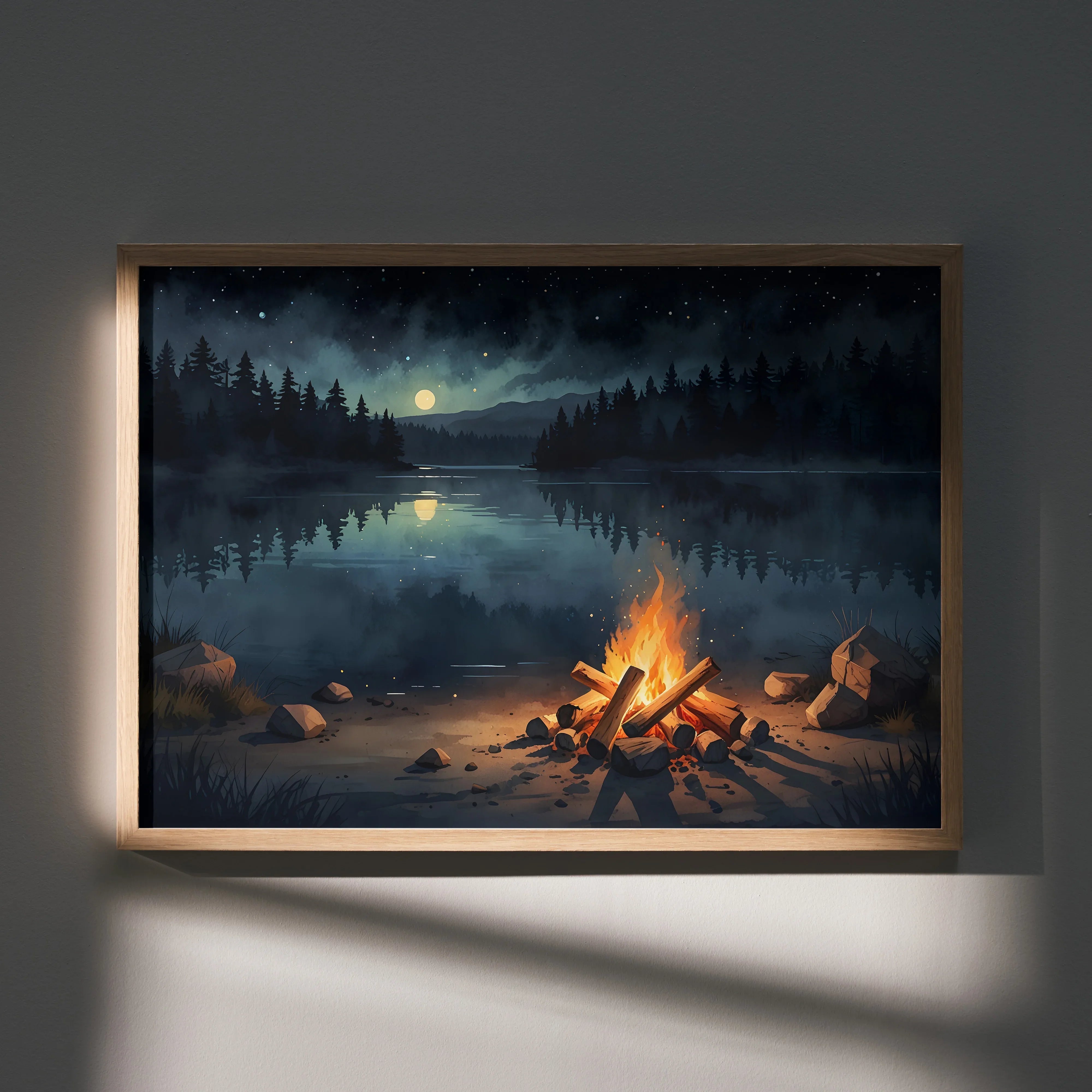 Watercolor poster of a starry night sky over a calm lake with a glowing campfire in the foreground wall art.