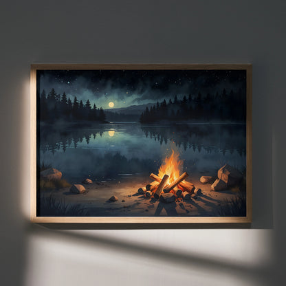 Watercolor poster of a starry night sky over a calm lake with a glowing campfire in the foreground wall art.