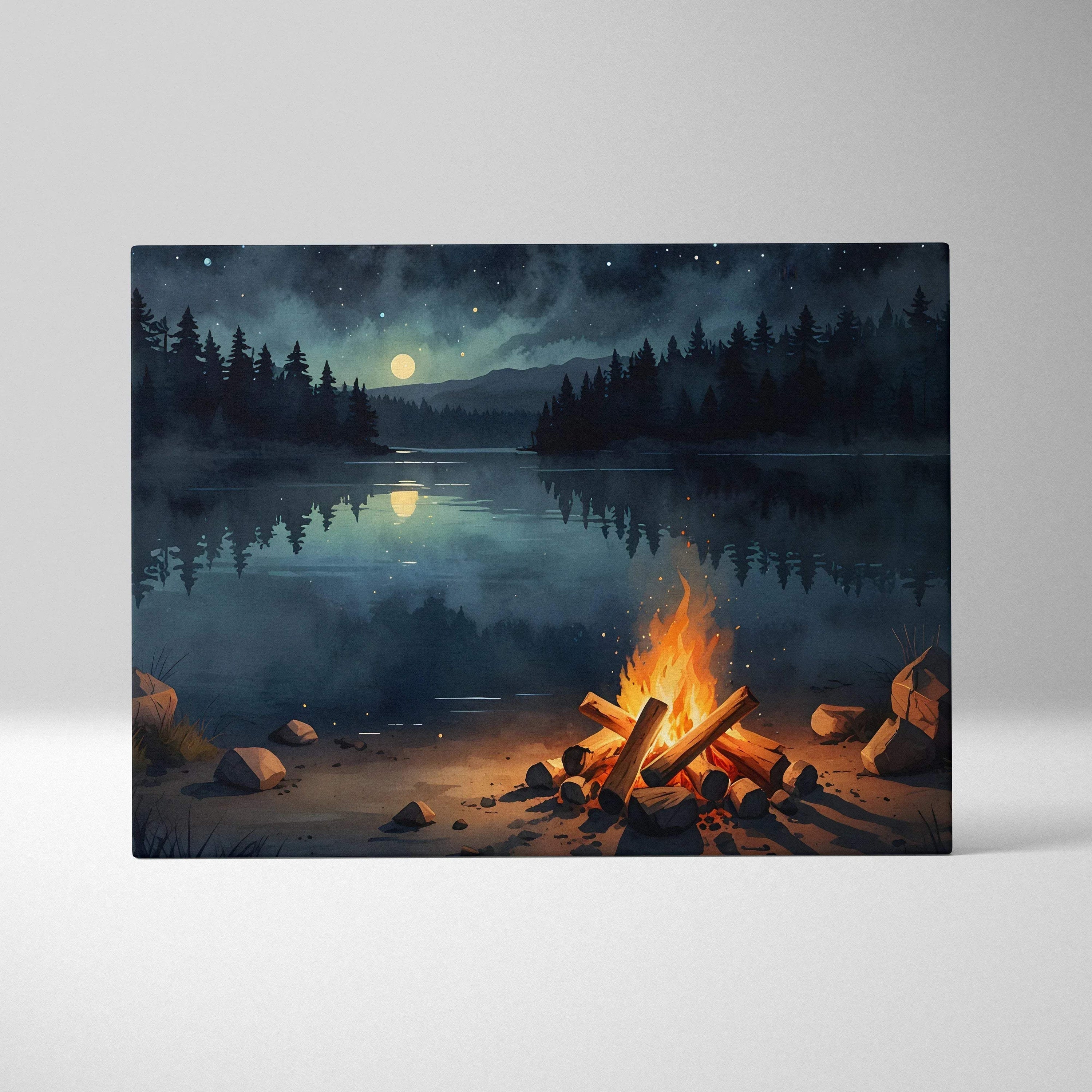 Canvas wall art featuring a watercolor night sky with a glowing campfire by a calm lake and pine trees.