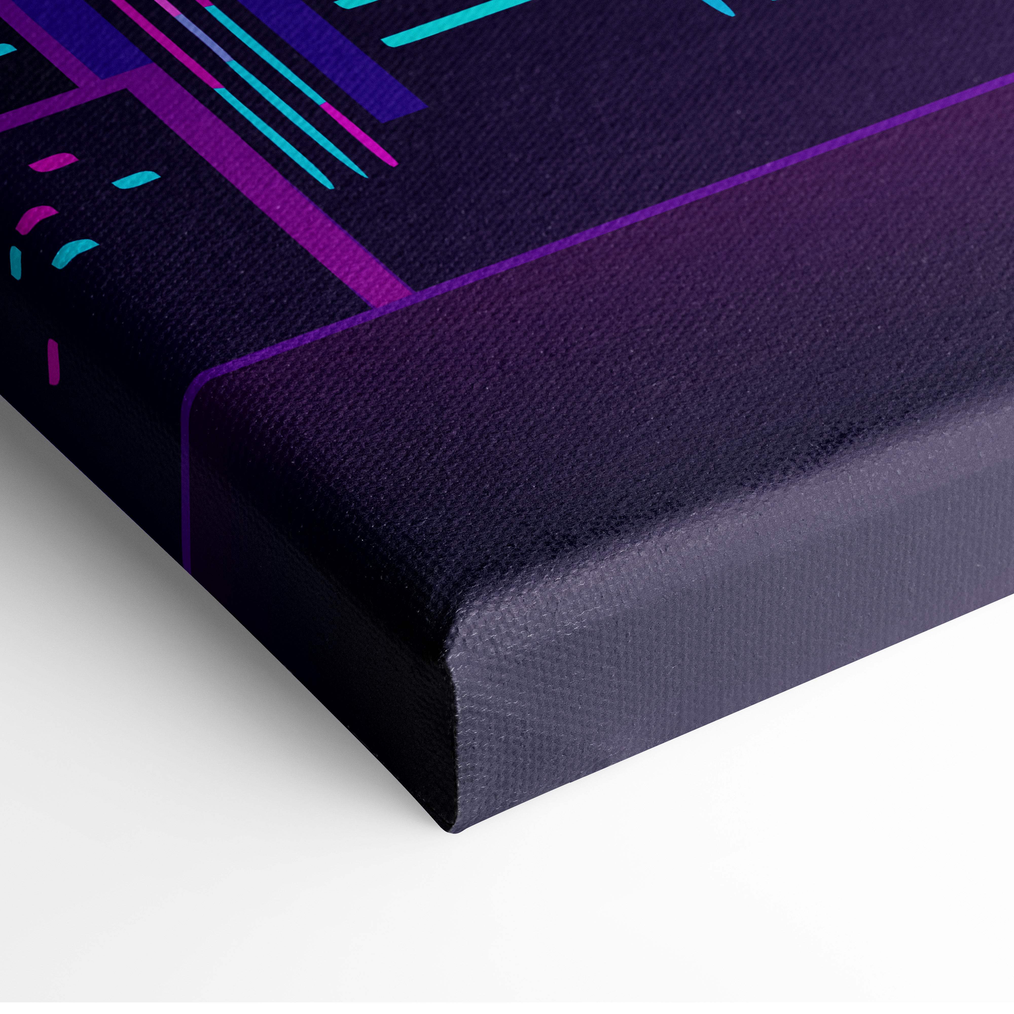 Vaporwave neon city skyline canvas art print with vibrant purple and teal geometric lines on a deep navy background