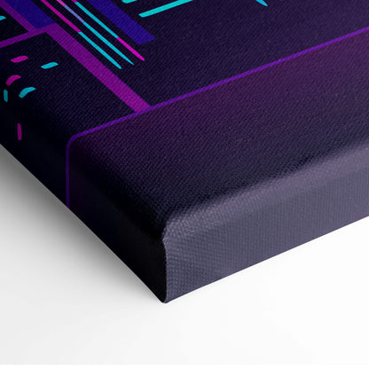 Vaporwave neon city skyline canvas art print with vibrant purple and teal geometric lines on a deep navy background