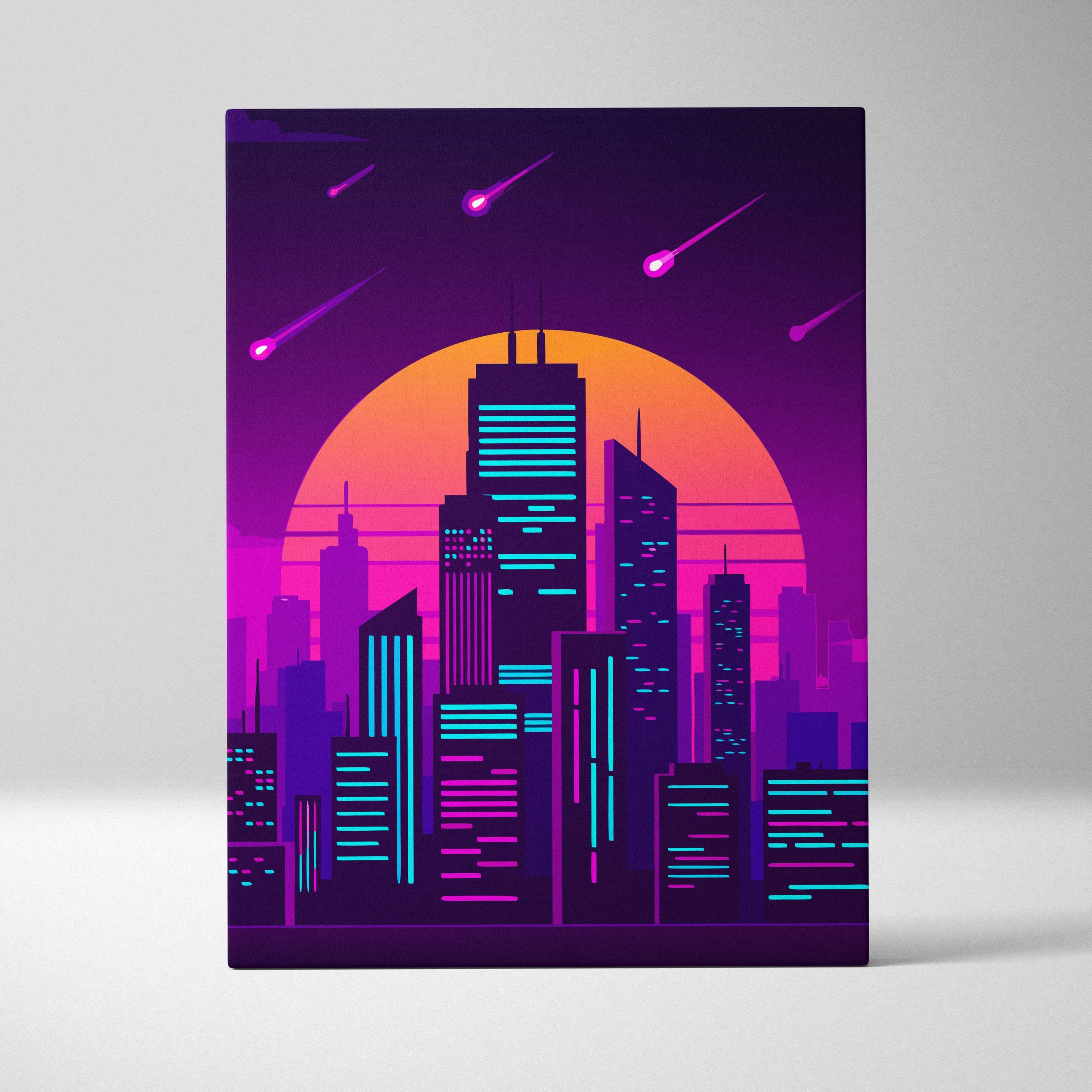 Vaporwave neon city skyline canvas art print featuring glowing purple and orange stylized skyscrapers at sunset