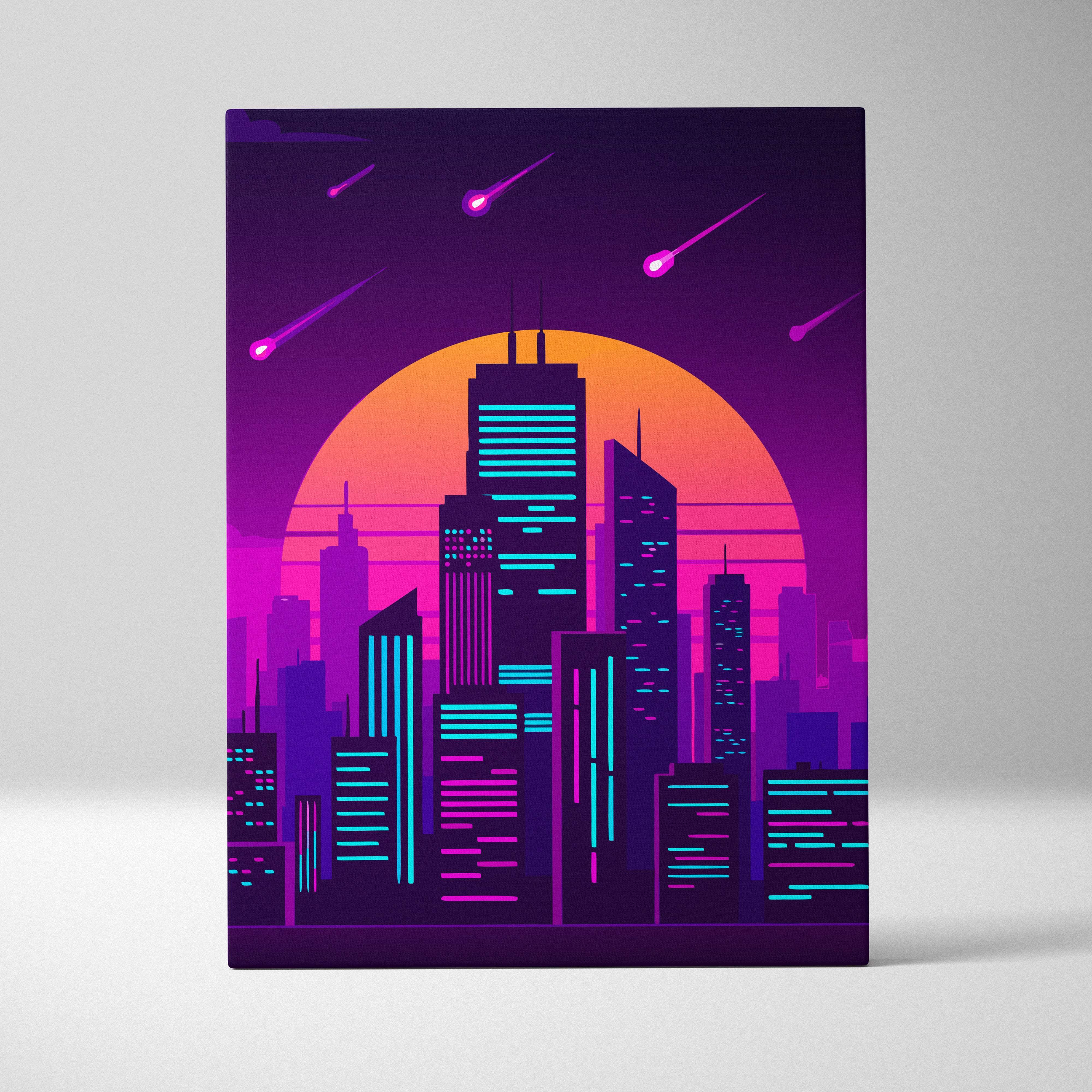 Vaporwave neon city skyline canvas art print featuring glowing purple and orange stylized skyscrapers at sunset