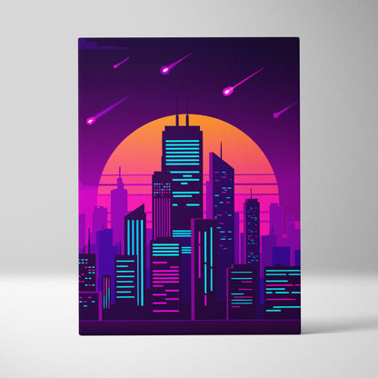 Vaporwave neon city skyline canvas art print featuring glowing purple and orange stylized skyscrapers at sunset