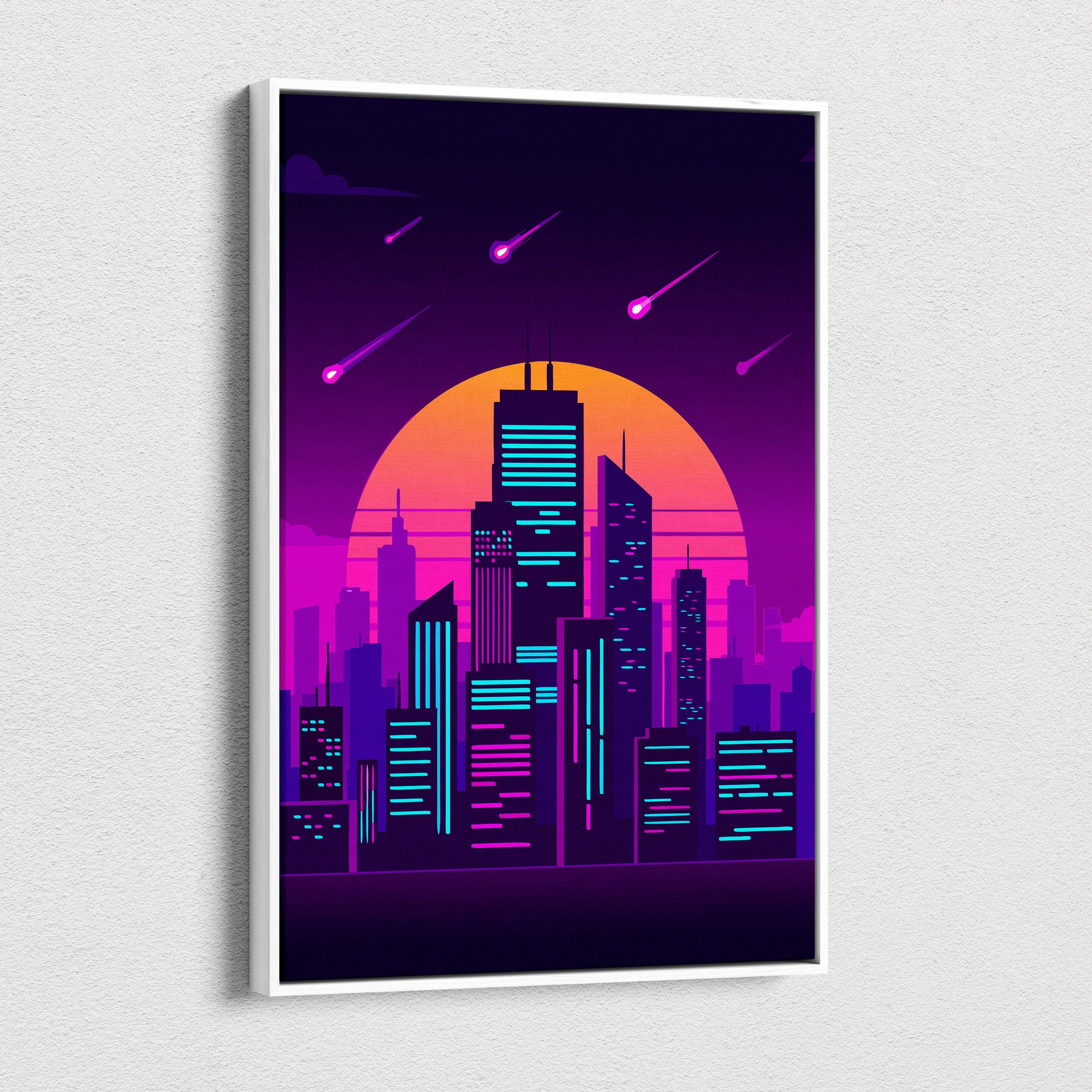 A framed vaporwave neon cityscape canvas art print with glowing blue purple skyscrapers and pink meteors against orange sun