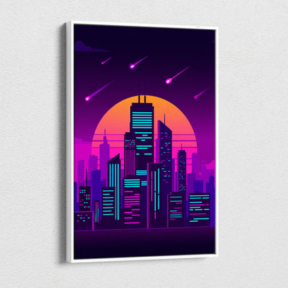 A framed vaporwave neon cityscape canvas art print with glowing blue purple skyscrapers and pink meteors against orange sun