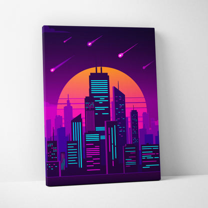 Vaporwave neon city skyline canvas art print with glowing orange sun cyan magenta skyscrapers and purple shooting star sky