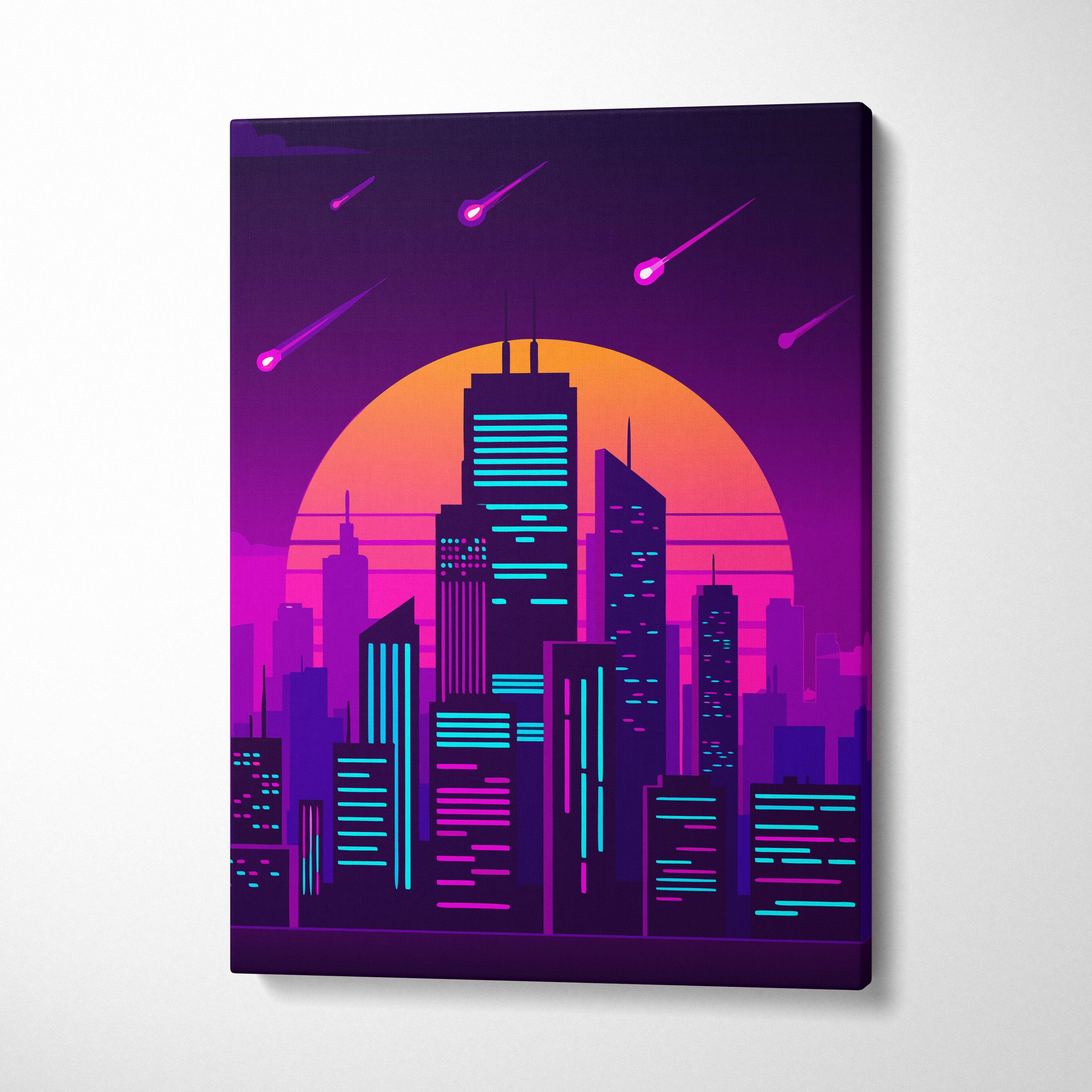 Vaporwave neon city skyline canvas art print featuring vibrant purple and orange stylized skyscrapers at sunset