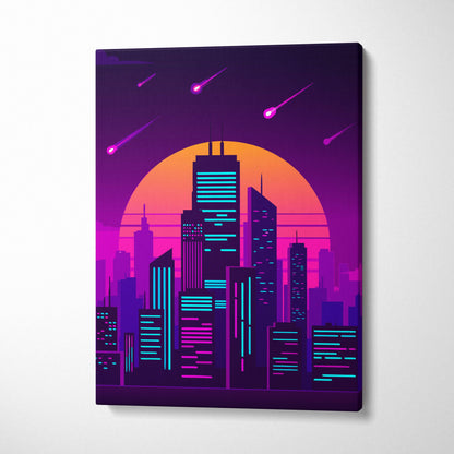 Vaporwave neon city skyline canvas art print featuring vibrant purple and orange stylized skyscrapers at sunset