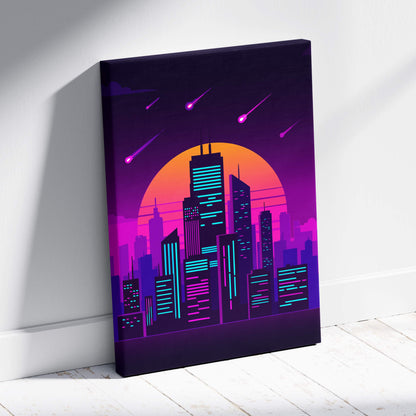 Vaporwave neon city skyline canvas art print featuring glowing purple skyscrapers and streaking meteors at sunset
